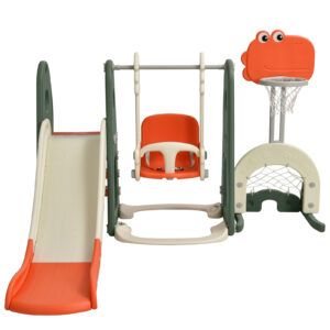 6 in 1 Toddler Slide and Swing Set with Adjustable Basketball Hoop for Indoor-Orange