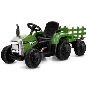 12V Kids Ride On Tractor with Trailer Music and LED Lights-Dark Green