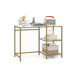 Tempered Glass Table Writing Workstation with Storage Shelf-Golden