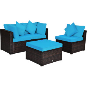 4 Pieces Outdoor Rattan  Conversation Set with Removable Cushions and Pillows-Turquoise