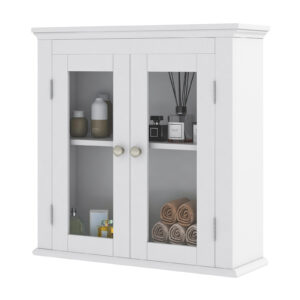 Wall Mounted Door Cabinet with Double Tempered Glass Doors-White