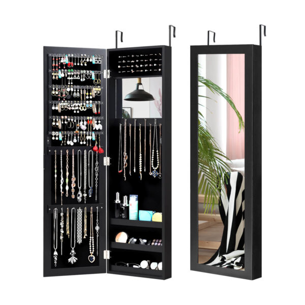 Wall Mounted Jewelry Armoire with Built-in Mirror and 3 Shelves -Black