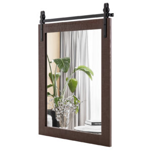 Wall Mounted Mirror with Solid Wood Frame and Metal Bracket-Walnut