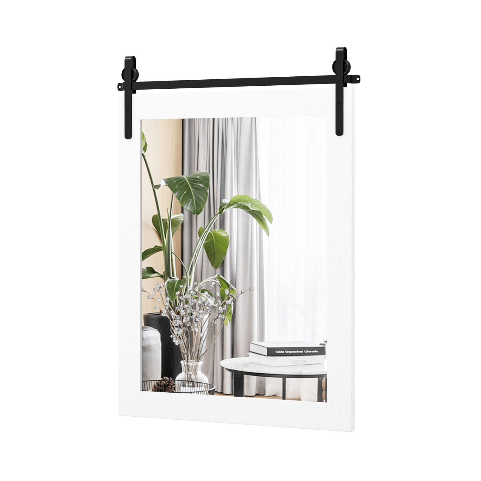 Wall Mounted Mirror with Solid Wood Frame and Metal Bracket-White