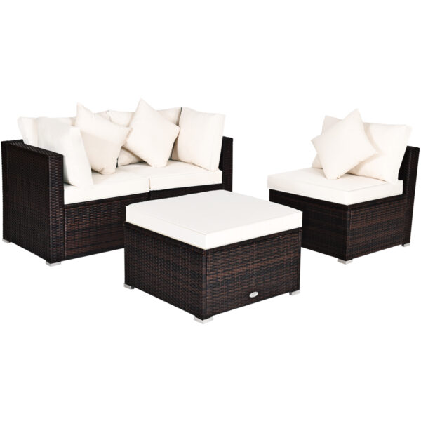 4 Pieces Outdoor Rattan  Conversation Set with Removable Cushions and Pillows-White