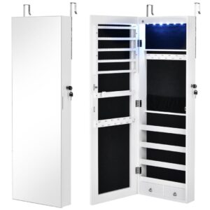 6 LED Lights Wall Mounted Jewelry Armoire with Full Length Mirror-White