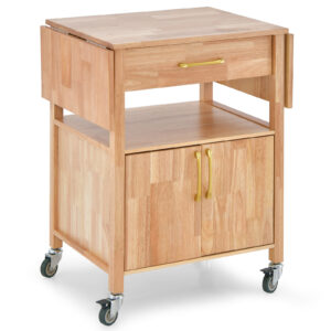Wood Drop-Leaf Kitchen Cart with Drawer Open Shelf Locking Casters-Natural