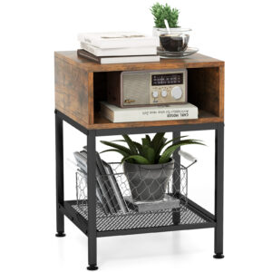 3-Tier Square End Table with Storage Cube and Mesh Shelf-Brown