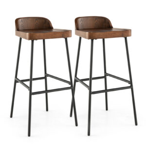 Wooden Bar Stool set of 2 with Chic Low Back and Metal Legs-Brown