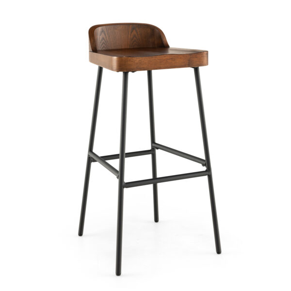 Wooden Bar Stool with Chic Low Back and Metal Legs-Walnut