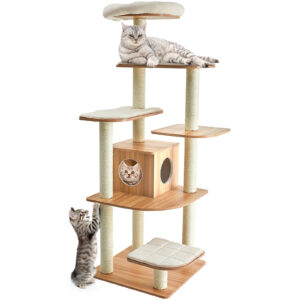 176 CM Wooden Cat Tree with Condo and Free Cushions