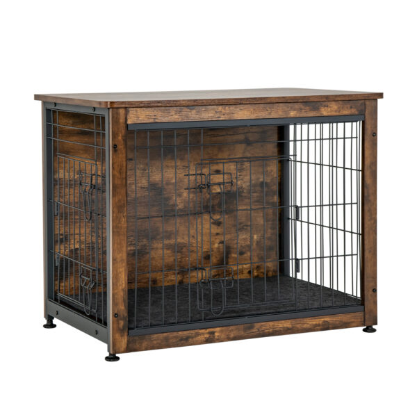 Wooden Dog Cage Furniture with Double Doors and Cushion-Rustic Brown