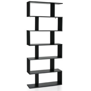 6-tier S-shaped Wooden Industrial Bookshelf-Black