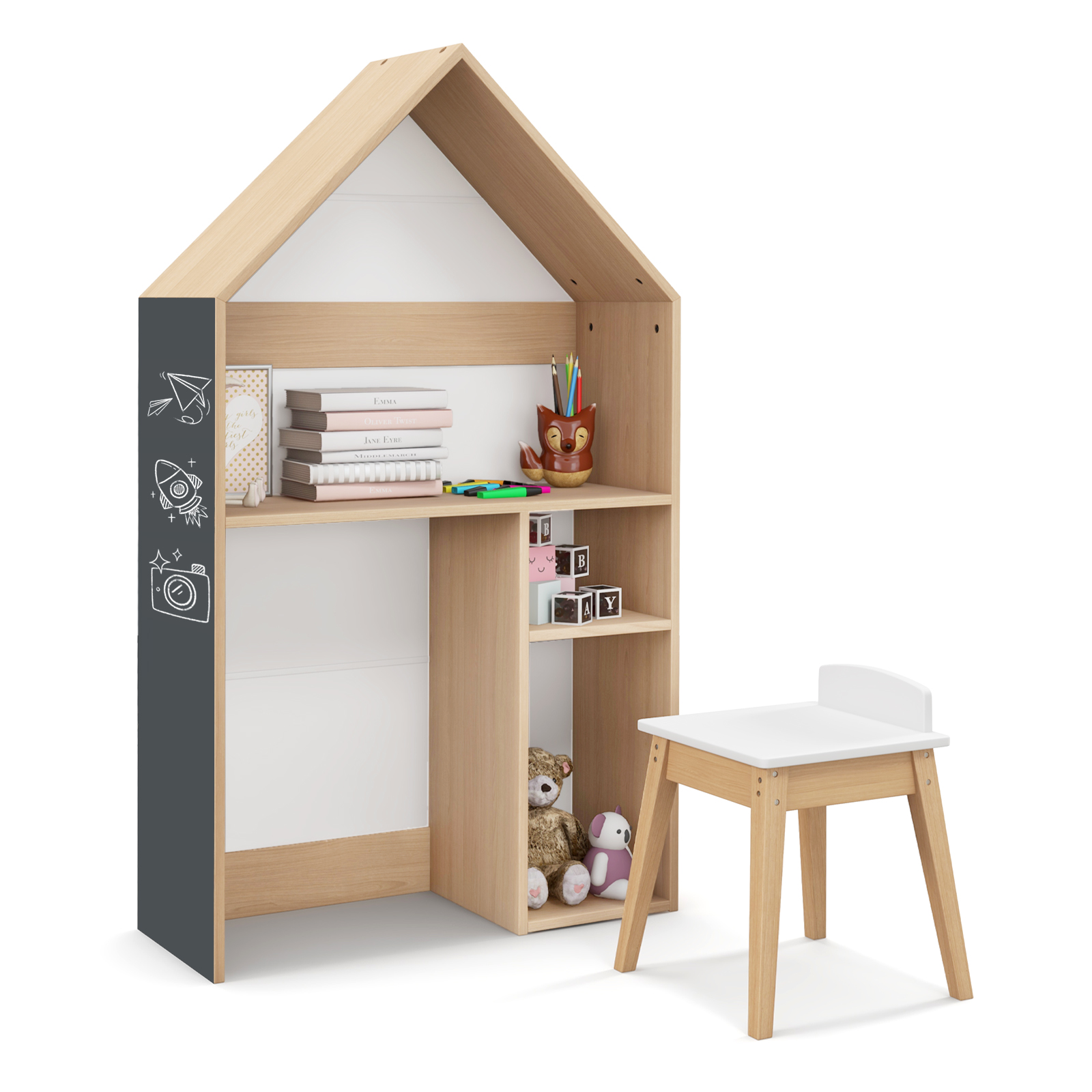 Wooden Kids Table and Chair Set House-Shaped with Blackboard-White