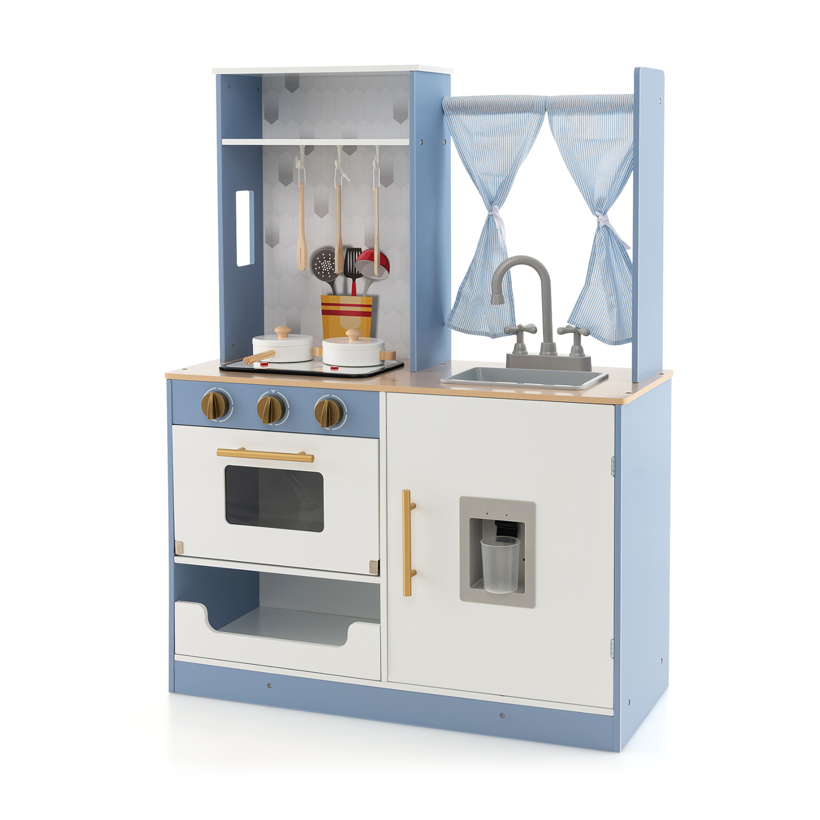 Wooden Kitchen Playset with Cookware and Storage for Kids-Blue