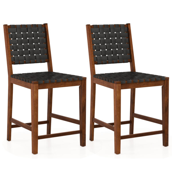 Woven Bar Stools Set of 2 with Faux PU Leather Straps-Black & Brown