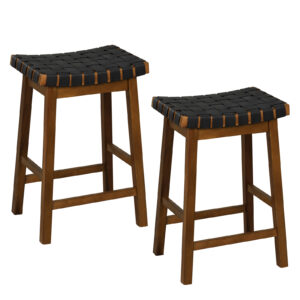 Faux PU Leather Counter Height Stools Set of 2 with Woven Curved Seat-Black & Brown