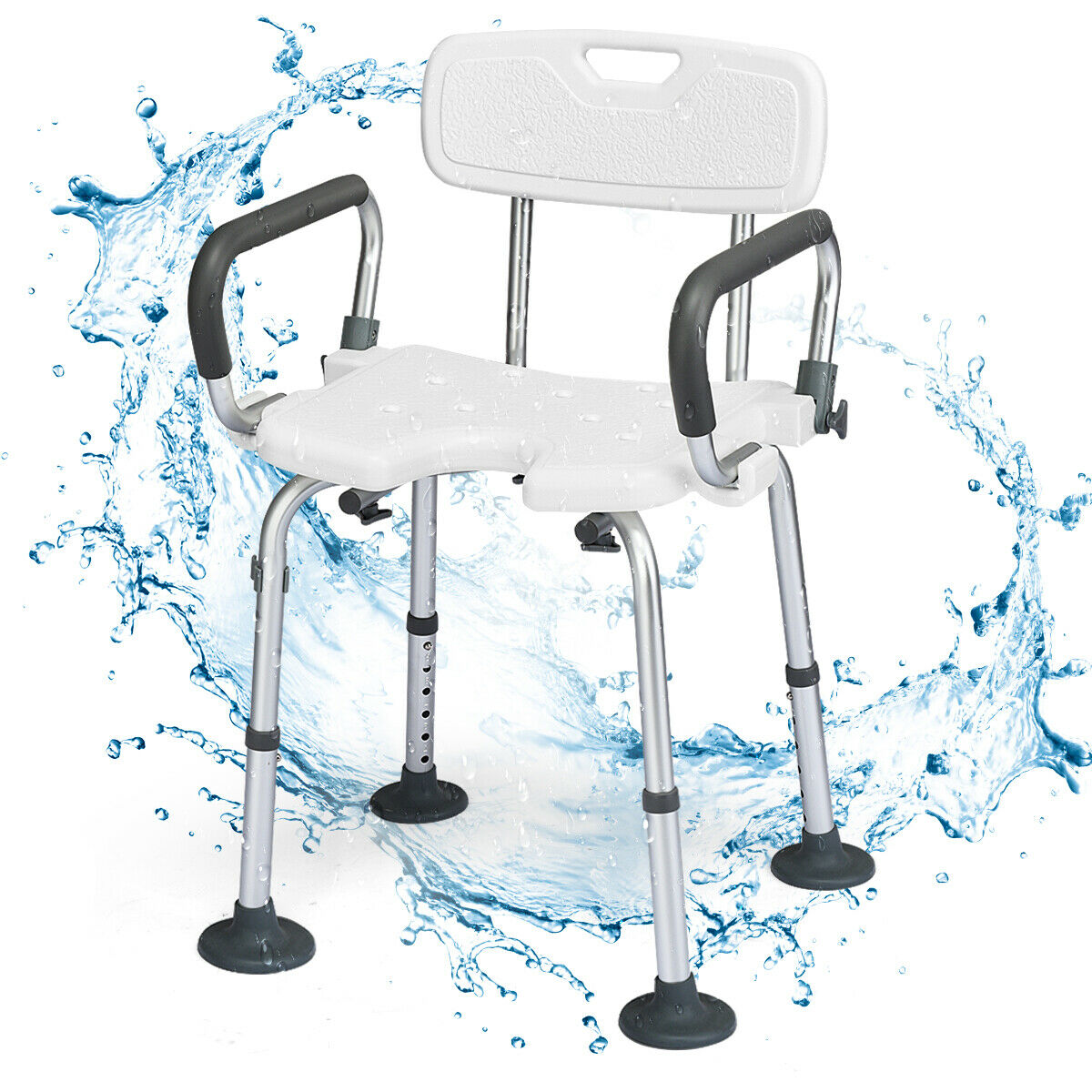 Shower Stool with Removable Arm and Back Rests-White