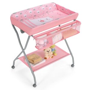 Rolling Baby Changing Table with Large Storage Basket-Pink