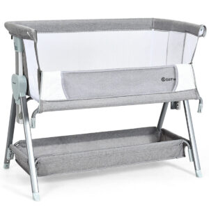 Portable Baby Crib with Adjustable Height and Wheels-Grey