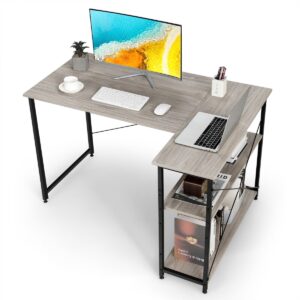 L-Shaped Corner Computer Desk with Reversible and Adjustable Bookshelf-Grey