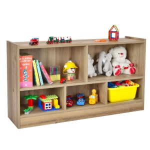 Wooden Storage Bookcase with 2 Tiers and 5 Cubes-Natural