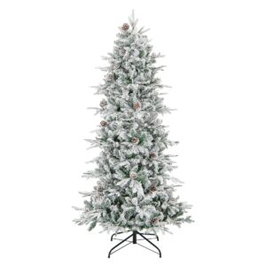 180 cm Artificial Xmas Tree with Flocked Branch Tips Natural Pine Cones Warm White Lights
