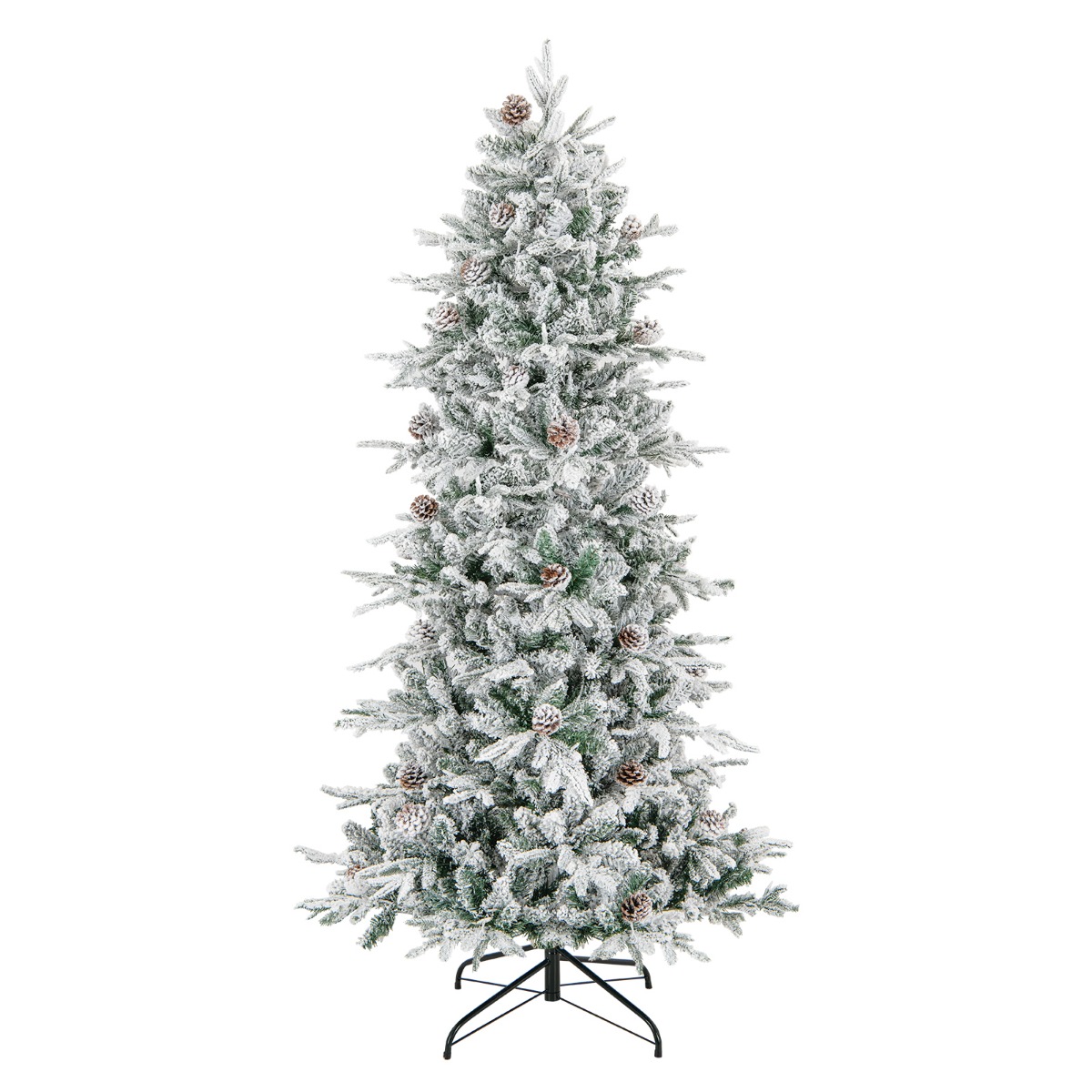 180 cm Artificial Xmas Tree with Flocked Branch Tips Natural Pine Cones Warm White Lights