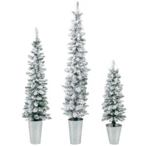 Slim Pencil Snow-Flocked Christmas Trees with Silver Metal Buckets
