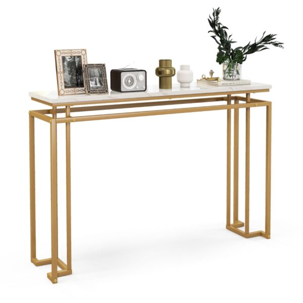 Gold Console Table with Faux Marble Tabletop and Geometric Metal Frame-White