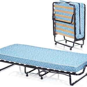 Folding Bed with 10cm Memory Foam Mattress and Wheels-Blue