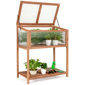 Outdoor Wooden Cold Frame with Slatted Shelf and Tilted Top Cover