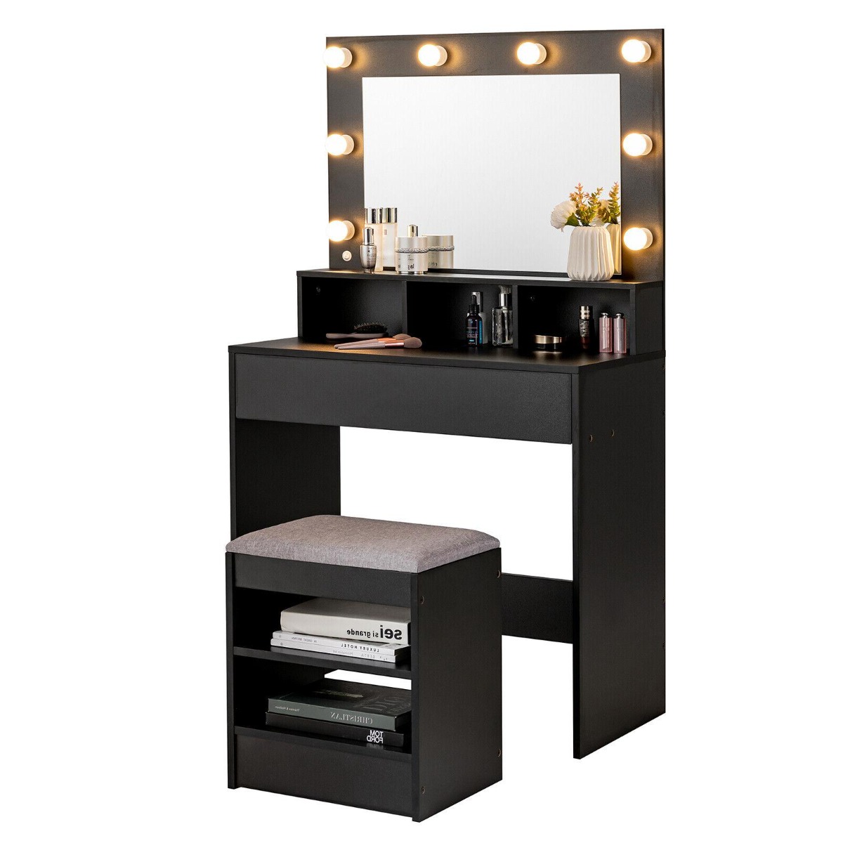 Modern Dressing Table Set with LED Lights Mirror and Drawer-Black