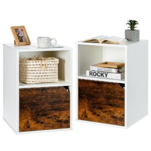 Set of 2 Wooden Bedside Tables with Open Shelf and Door-White