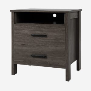 Modern Wooden Nightstand with 2 Drawers and Open Storage Shelf-Dark Brown