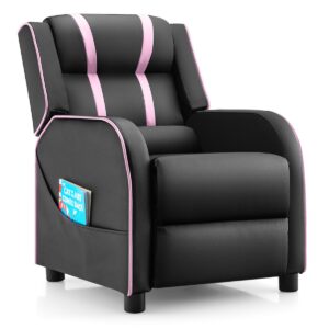 Kids Recliner Chair with Adjustable Backrest Footrest & Side Pockets-Pink