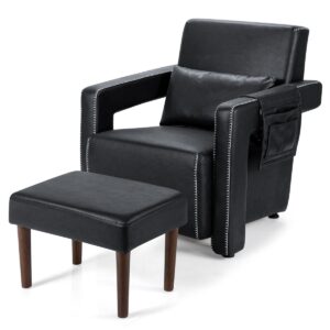 Upholstered Padded Accent Chair with Footstool and Lumbar Pillow-Black