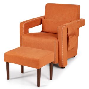 Upholstered Padded Accent Chair with Footstool and Lumbar Pillow-Orange