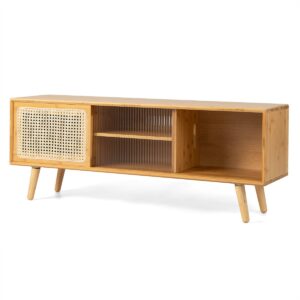 Bamboo Entertainment Center with Rattan and Tempered Glass Sliding Doors-Natural