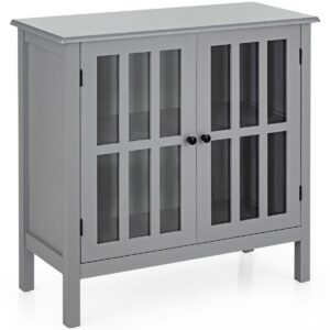 Modern Wooden Storage Cabinet with 2 Tempered Glass Doors-Grey