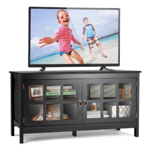 Modern Wooden TV Stand with Tempered Glass Doors for TVs up to 50''-Black