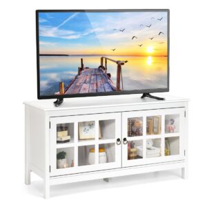 Modern Wooden TV Stand with Tempered Glass Doors for TVs up to 50''-White