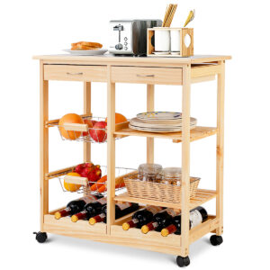Wooden Rolling Kitchen Cart with Drawers Shelves Wire Baskets Wine Racks-Natural