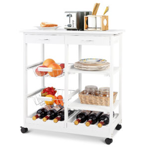 Wooden Rolling Kitchen Cart with Drawers Shelves Wire Baskets Wine Racks-White