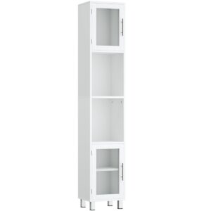 Freestanding Slim Wooden Bathroom Cabinet with Tempered Glass Doors-White