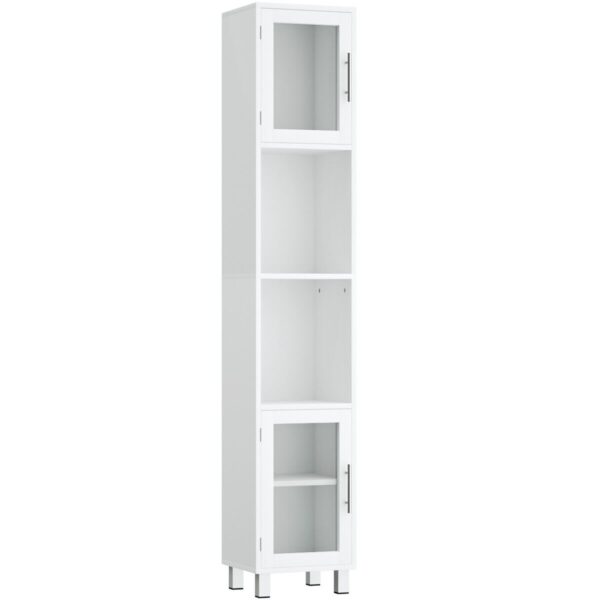 Freestanding Slim Wooden Bathroom Cabinet with Tempered Glass Doors-White
