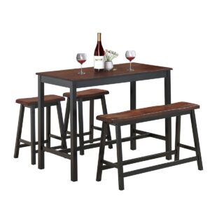 4 Pieces Dining Table and Chair Set Furniture with Bench and Stools-Coffee