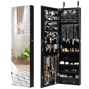 Lockable Wall Mounted Jewelry Armoire with Full Length Mirror and LED Lights-Black