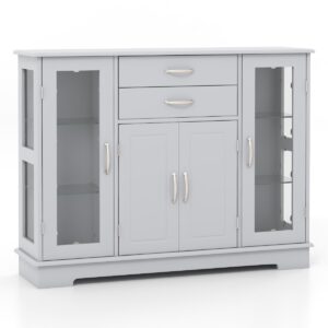 Wooden Buffet Sideboard with Adjustable Shelves and 2 Glass Doors-Grey