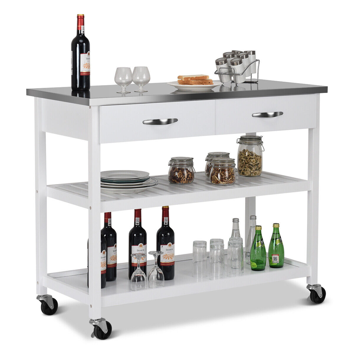 Rolling Kitchen Storage Trolley with 2 Drawers and Towel Bar-White